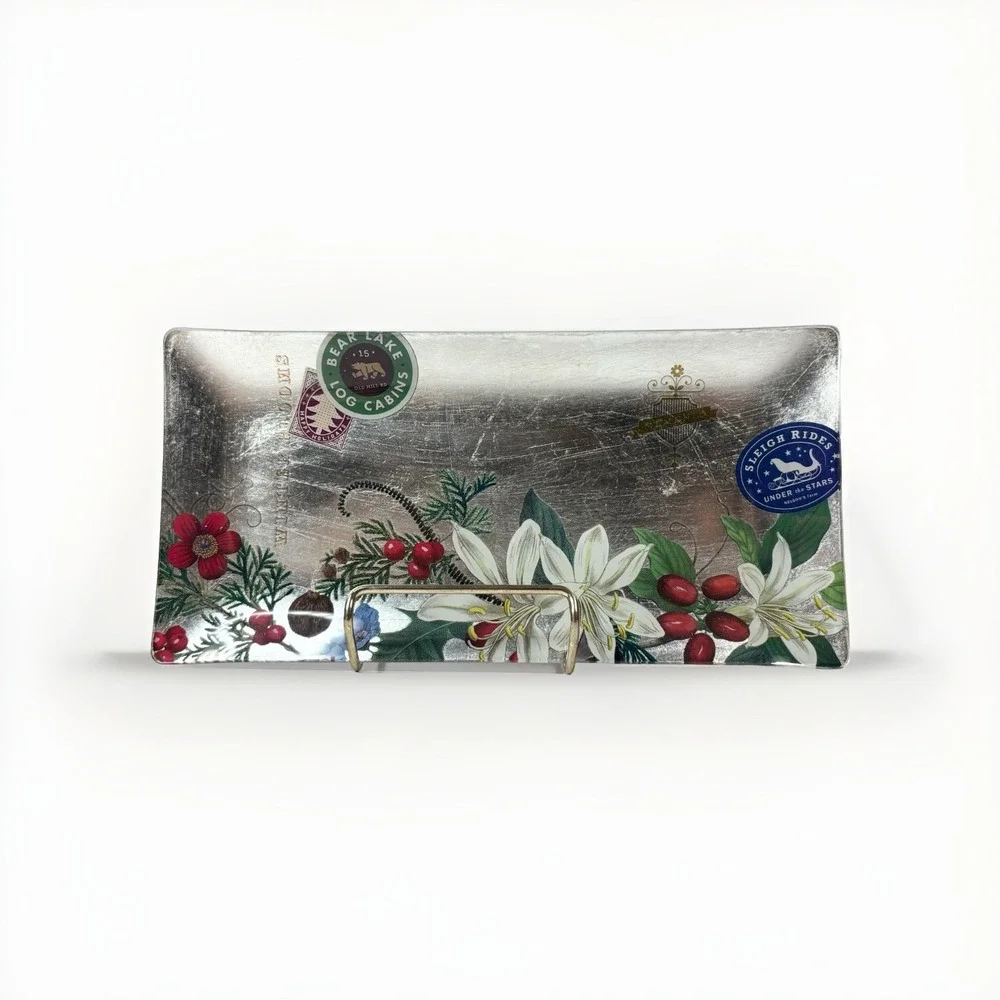 Fringe Studio Bear Lake Sleigh Ride  Glass‎ Floral Tray Trinket Dish Silver